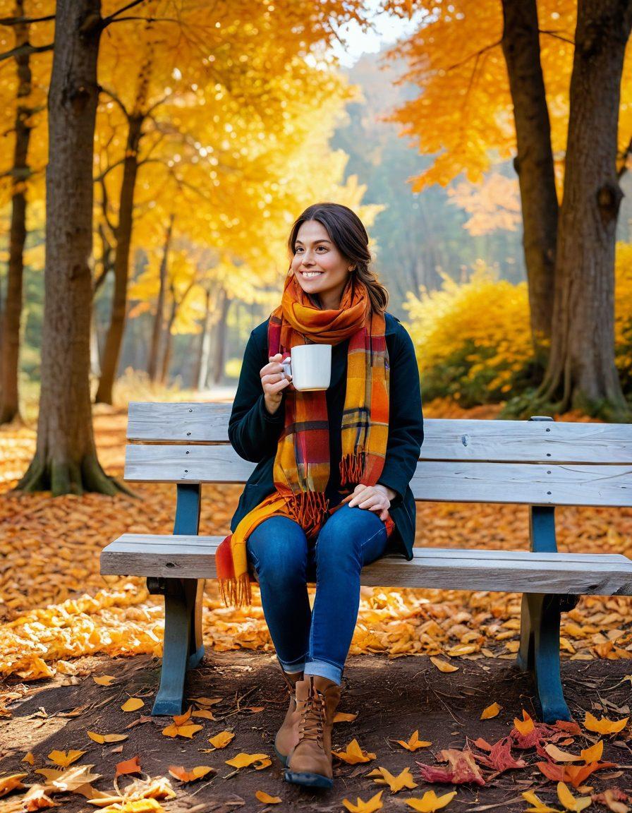 A cozy autumn scene featuring a person wrapped in a stylish scarf sitting on a wooden bench surrounded by colorful fall leaves. The background showcases a serene forest with golden and orange trees, as well as a warm cup of tea in hand. Add elements of outdoor adventure, such as a backpack and hiking boots nearby. The atmosphere should evoke a sense of relaxation and self-care. vibrant colors. painting.